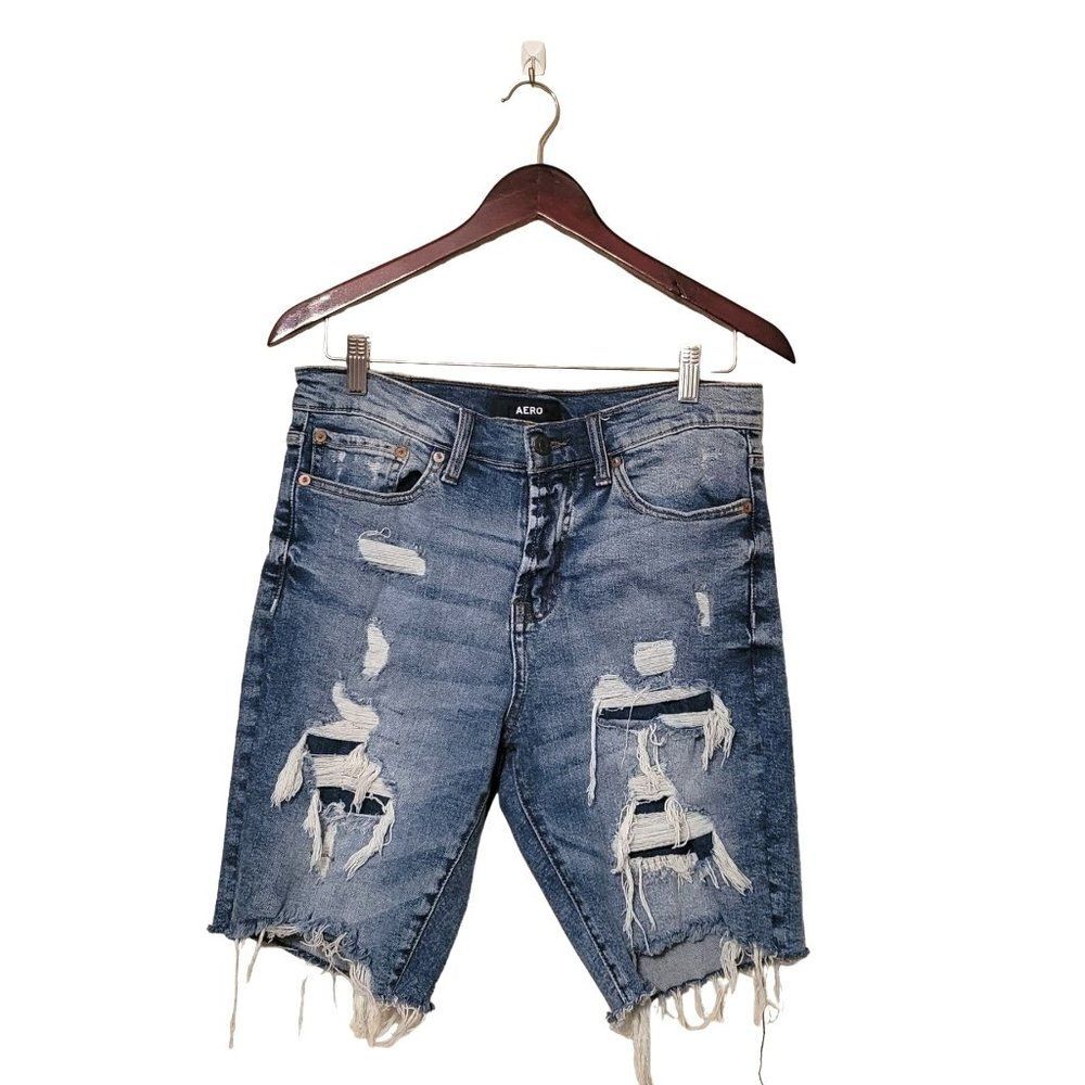Aero Womens Pants Blue 29 Bermuda Slim Cut-Off Shorts Frayed Distressed Stretch